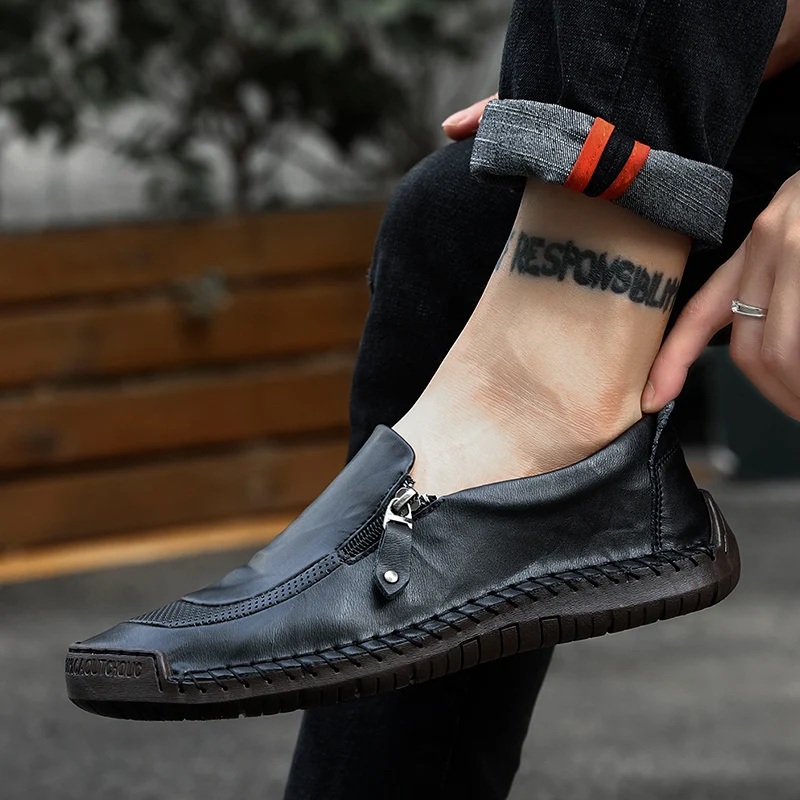 BIMUDUIYU Handmade Genuine Leather Shoes Men Luxury Brand Casual Moccasins Men Fashion Loafers Slip on Rubber Flats Zip opening BIMUDUIYU Handmade Genuine Leather Shoes Men Luxury Brand Casual Moccasins Men Fashion Loafers Slip on Rubber Flats Zip opening