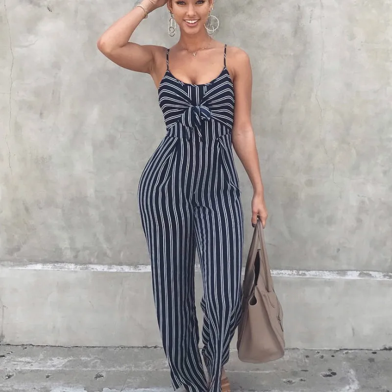 

2019 Summer Stripe Backless Bodycon Jumpsuit Romper Women Party Clubwear Jumpsuit Casual Bowtie Overalls Jumpsuit Plus Size