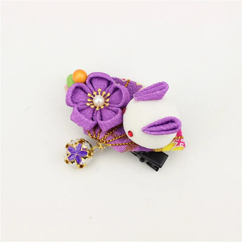 Традиционный японский колокольчик Kanzashi из толстой хлопковой ткани, вентилятор для девочек, милый розовый кролик, Сакура, юката, заколки для головы, когти, HW010-3