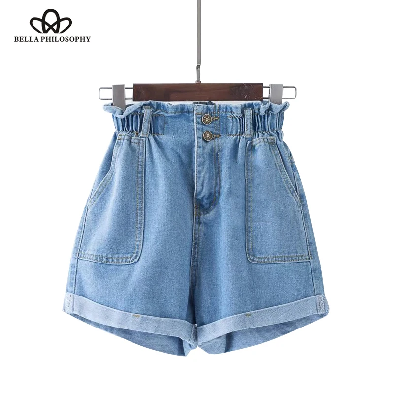 2019 Summer Casual Women Jeans Shorts Preppy Retro Elastic High Waist Plus Size Blue Pockets Female Shorts Wonder Store
