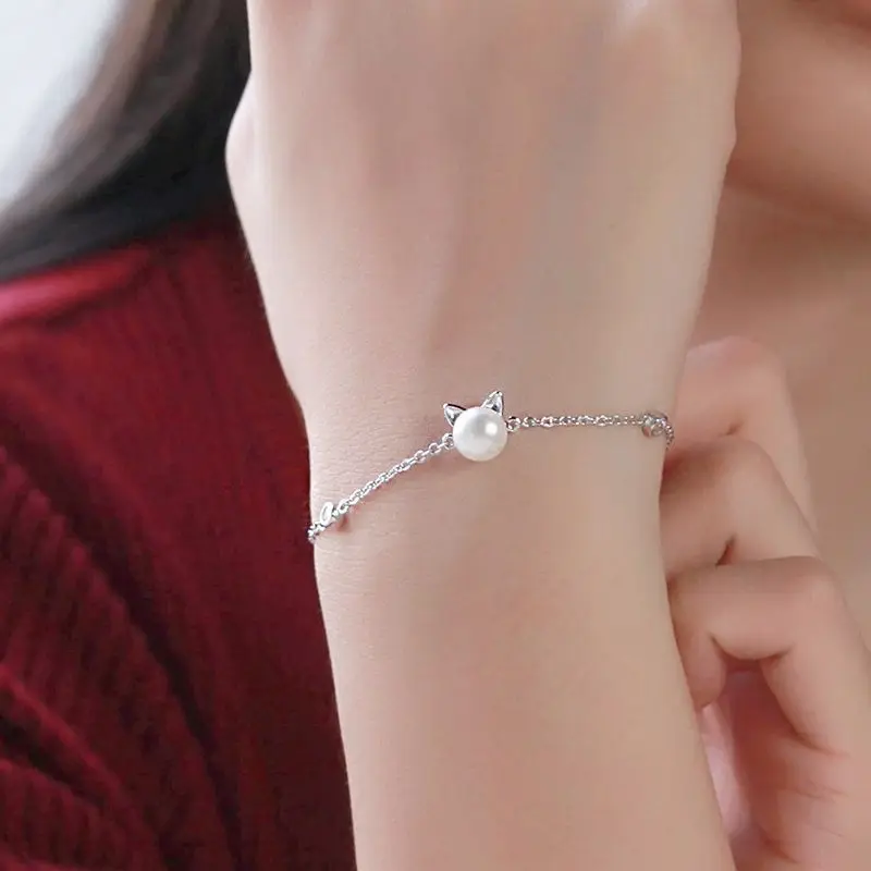 

Female Fashion Jewelry Chain Link Bracelet Solid 925 Silver Simulated Pearl Bracelet Cat Shape Ornament Cute Gift for Girlfriend