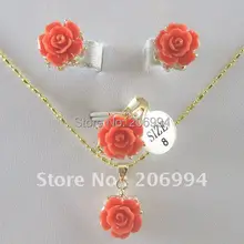 Коралловый стразами Цепочки и ожерелья кулон, кольцо, серьги, ювелирные изделия комплект#362