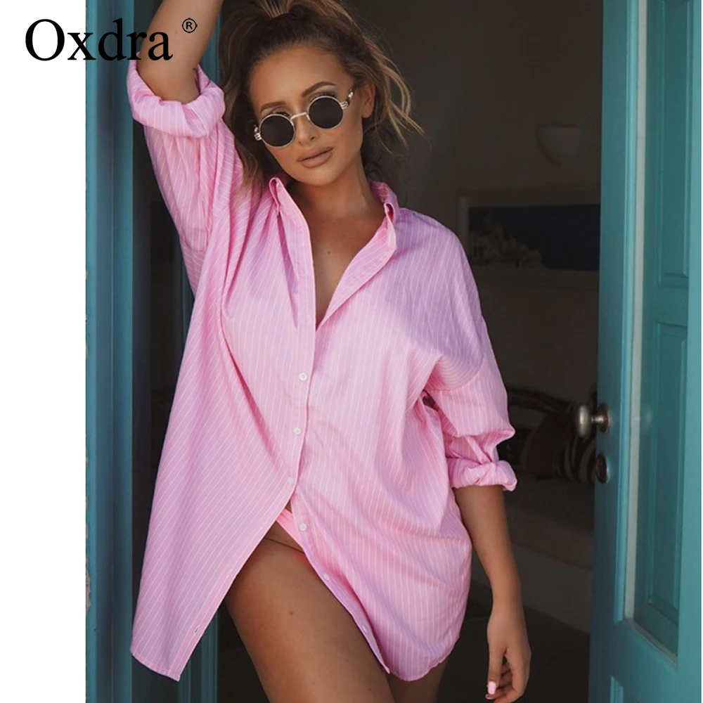 Oxdra 2019 Spring Summer New Women Fashion Striped Blouse Long Sleeve Blouses Loose Casual Tops For |