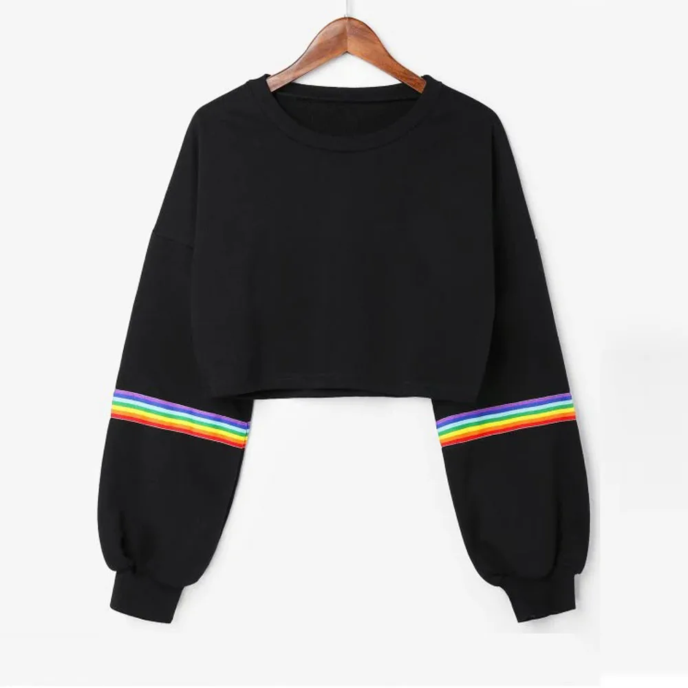 

Rainbow Striped Women Hoodies Long Sleeve Crop Short Sweatshirt Jumper Black Pullover Top Clothes woman hoodie moletom feminino