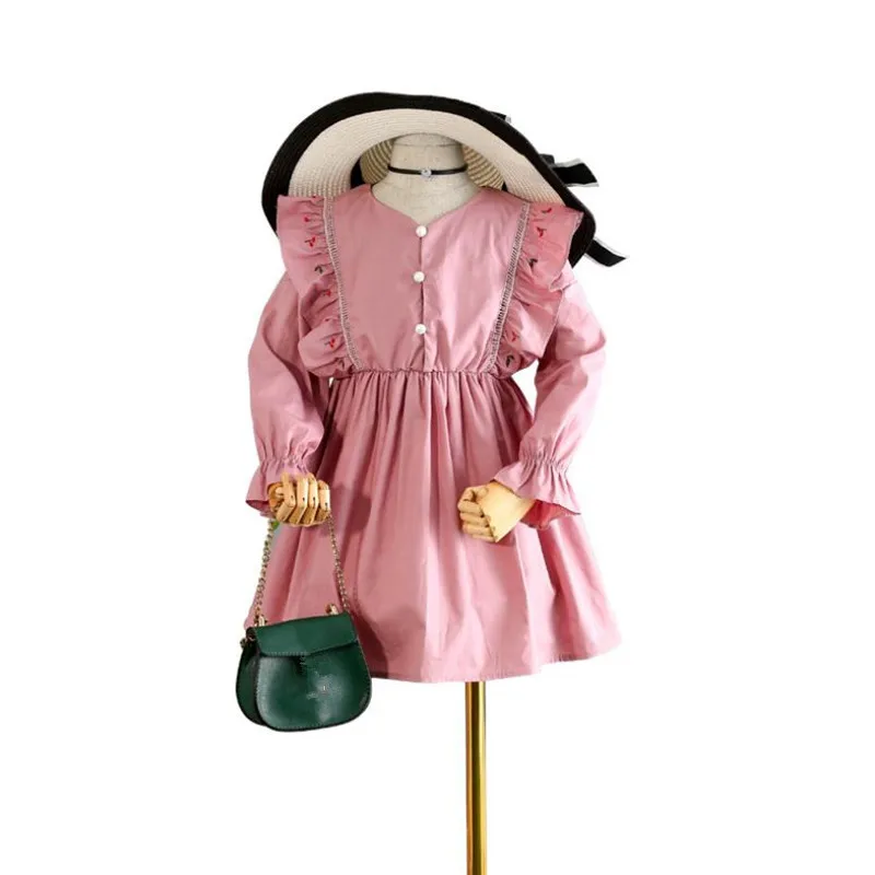 

DFXD Autumn Kids Girl Dresses England Style Baby Cotton Long Flare Sleeve Embroidery Pearl Button Soild Color Princess Dress