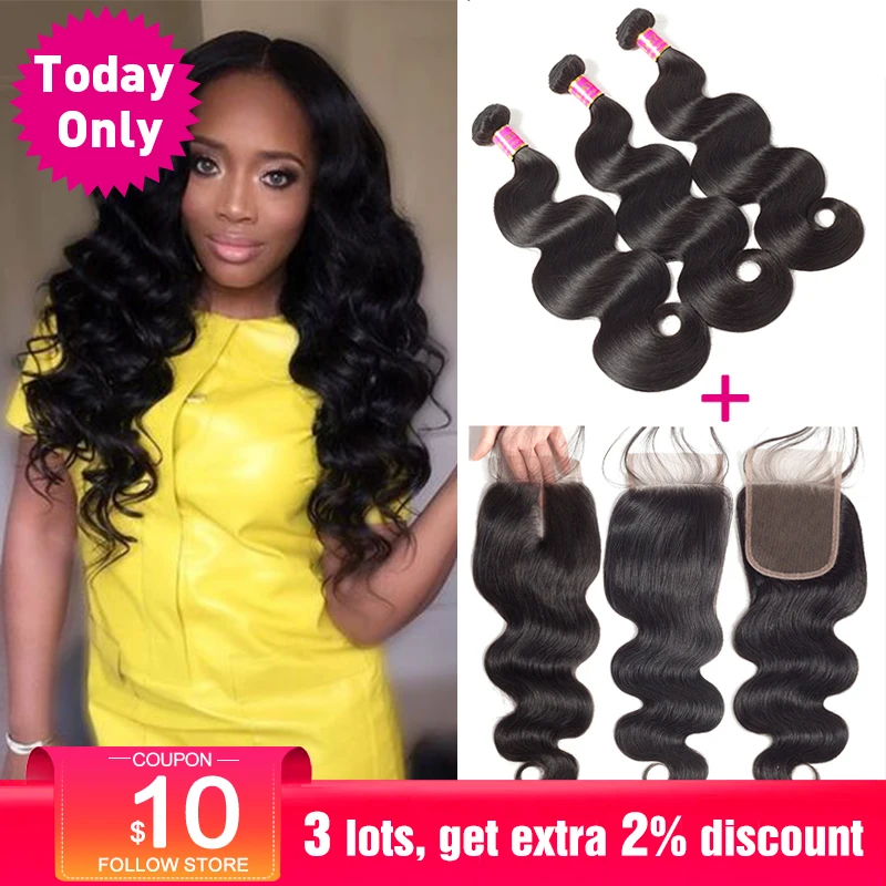 [TODAY ONLY] Peruvian Body Wave 3 Bundles With Closure Remy Human Hair Bundles With Closure Peruvian Hair Bundles With Closure