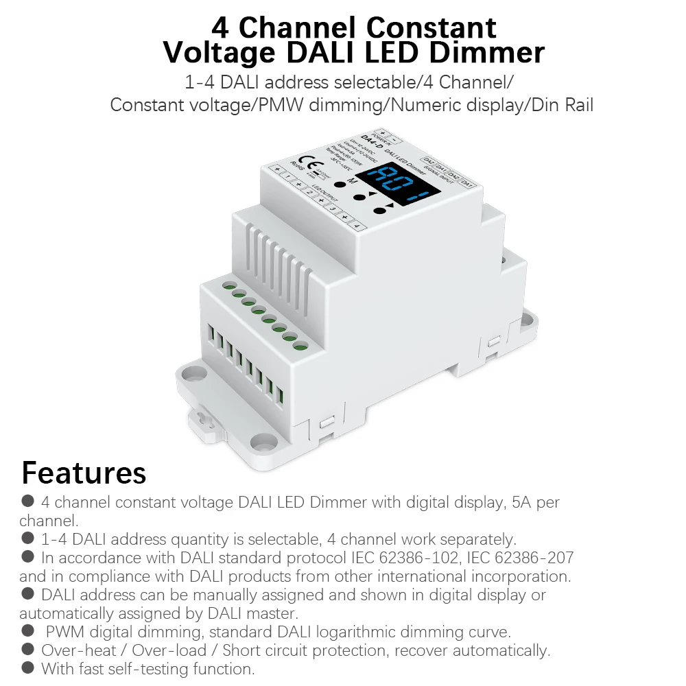 

DC 12V 24V 4 channels DALI led Dimmer 20A 240W 480W Numeric display PMW Dimming DIN Rail led strip Lighting Dimmer