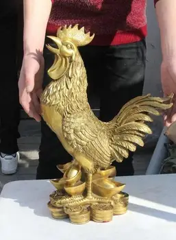 

China Brass Copper Yuanbao Money Lucky Year Zodiac Mascot Chicken Rooster Statue