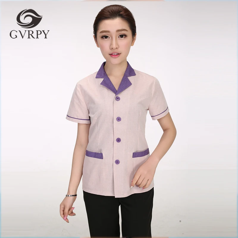 

2019 Summer Hotel Cleaning Uniforms Short Sleeved Single Breasted Suit Collar Workwear Uniforms Waiter Cleaning Service Overalls