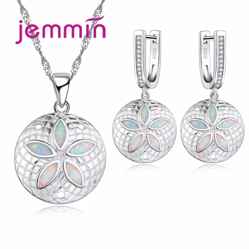 

Jemmin Luxury Round Silver Jewelry Set Inlaid Flower Opal Stone New Create 925 Sterling Silver Necklace Earring Sets for Wedding