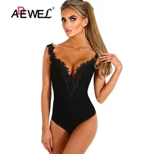 ADEWEL 2019 Black Crochet Plunge Women Lace Bodysuit Sexy V neck Sleeveless Body Tops Skinny Jumpsuit Romper Female Bodysuits red plunge v neck bodysuit with drawstring