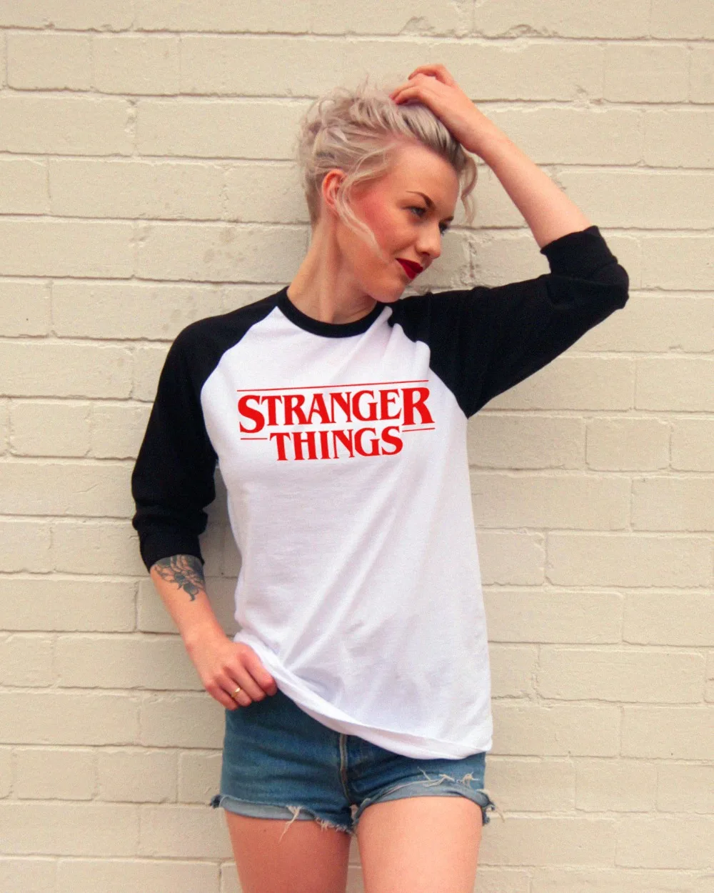 

American Vintage Style Ringer Tees Cotton Long Sleeve Tshirt STRANGER THINGS Letter Patchwork T-shirt Female Fashion Clothing