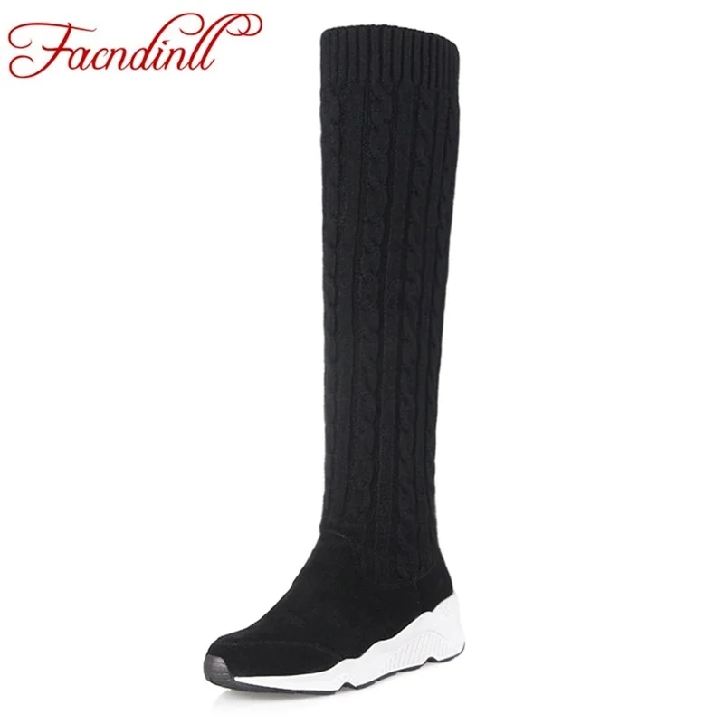 

FACNDINLL fashion winter boots suede leather+woollen warm shoes women knee high boots black wedges dress shoes woman long boots