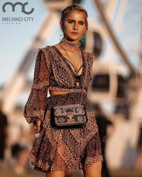 

MELNIKO CITY 2018 Women's Tali Batik Cut Out Australian Designer Runway Ruffle Silk Summer Dress Celebrity style Street style