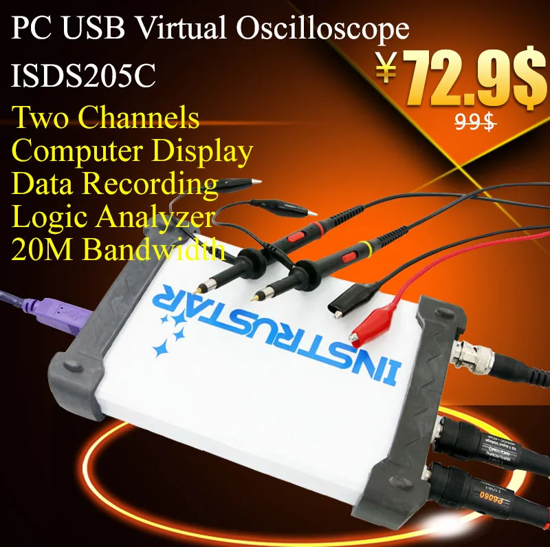 ISDS205C Виртуальный ПК USB осциллограф 48 М частота дискретизации 20 Пропускная