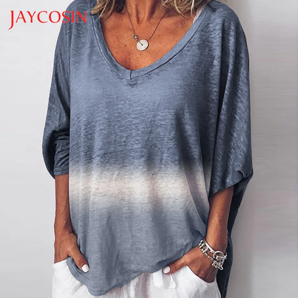 

JAYCOSIN Plus Size Women tshirt Tie-dyed Color Block Loose V Neck Pullover vintage Tops Shirt korean clothes women clothes 2019