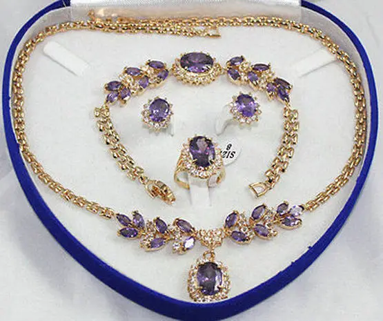 

Noble 18K GP Amethyst Zircon necklace , bracelet, ring set + box 5.23