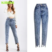 Женская одежда с высокой талией свободные потертые джинсовые капри прямые брюки женские модные повседневные свободные хлопковые зимние джинсы AM086