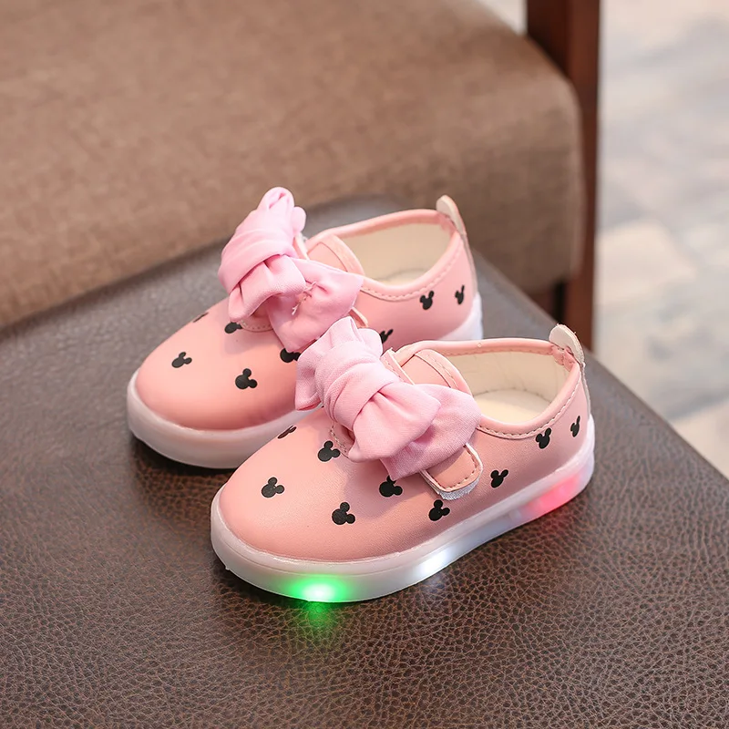 

Kids Shoes With Light Girl Led Sneakers Cartoon Print Sport Glowing Princess Girls Shoes Big Bow Soft Casual Lighted Child Shoes