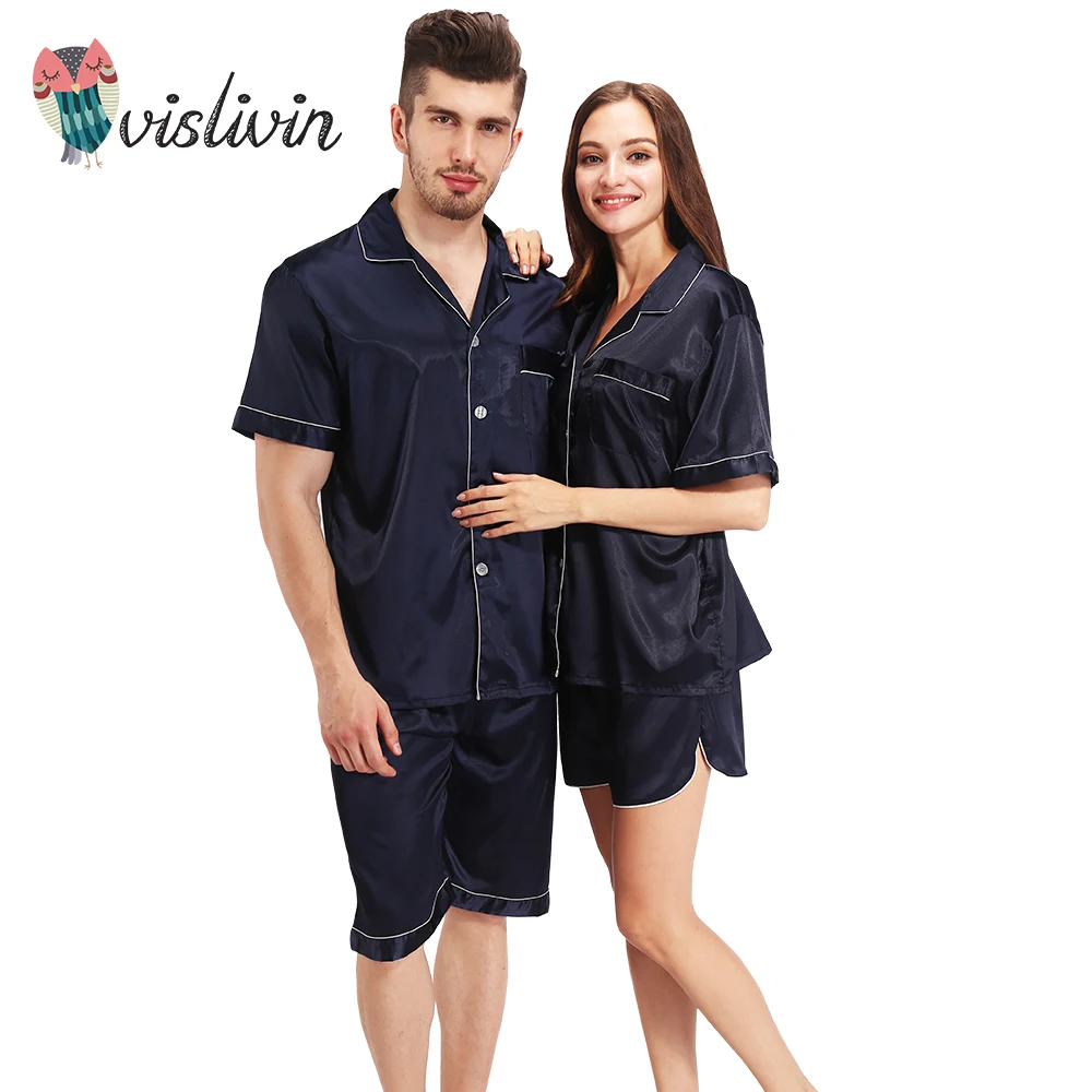 Vislivin Summer Men Women Unisex Silk Pajama Sets Spring Elegantcollar