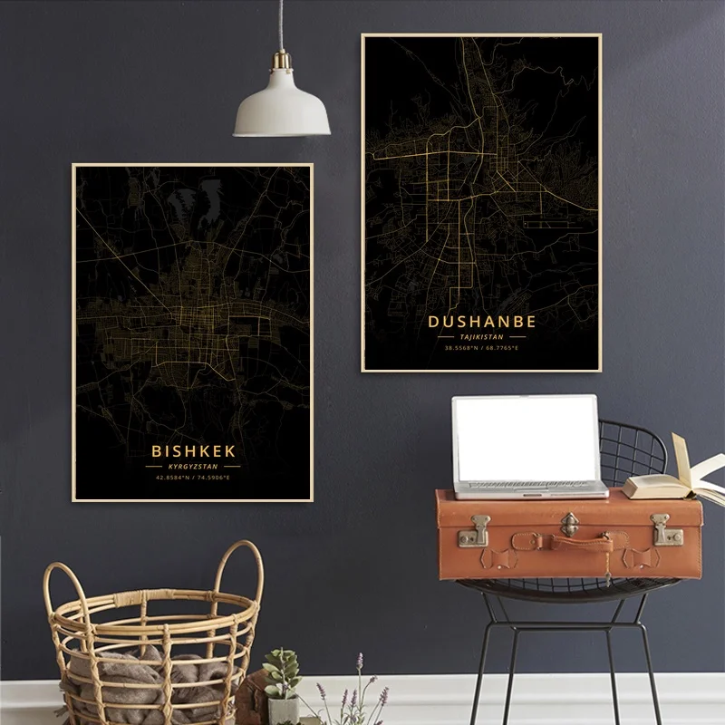 

Tajikistan Kyrgyzstan City Map Gold Map Canvas Art Print Wall Pictures for Living Room No Frame