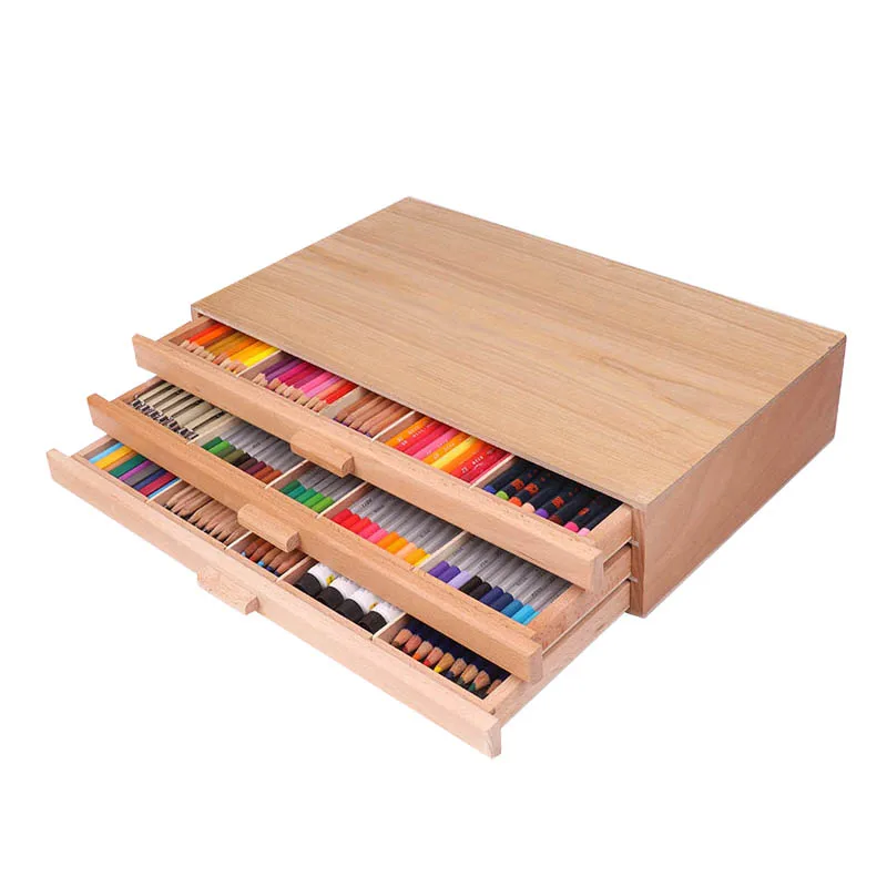 

Artist Tabletop Wooden Desktop Portable Easel Beech Painting Box with Three Layer Drawers for Painting Hardware Art Supplies