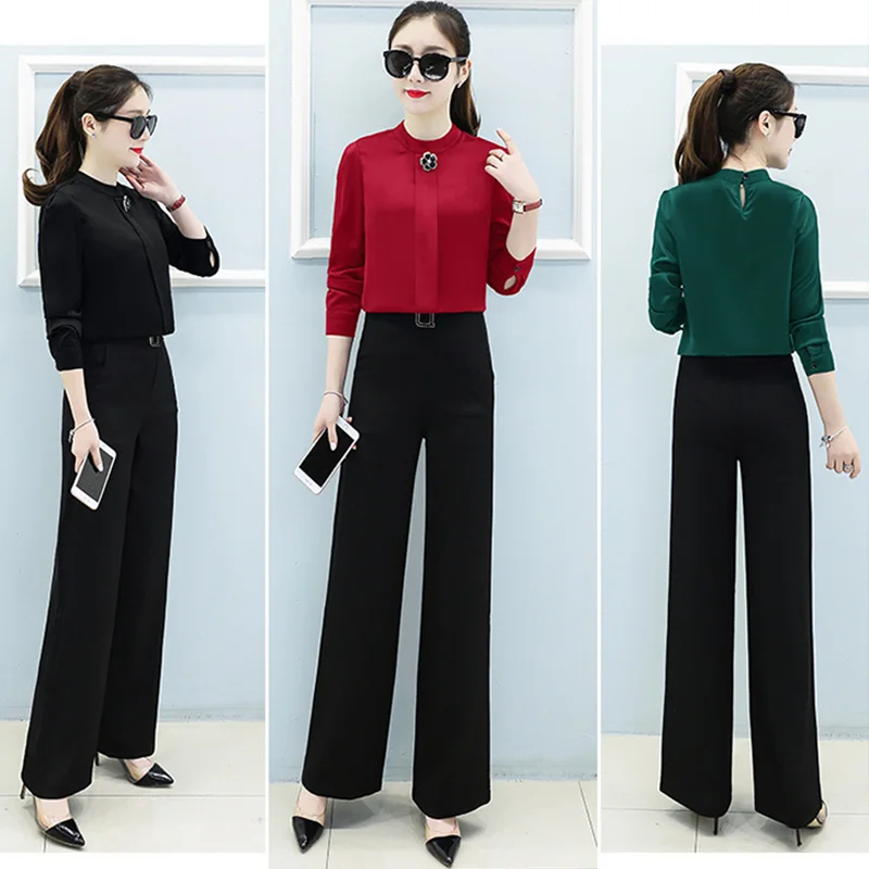 

women sets office lady elegant chiffon solid blouse shirts+ wide leg pants trousers pantalon two piece sets 2019 Spring summer