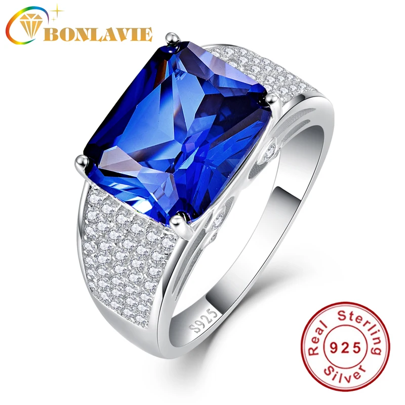 BONLAVIE 925 пробы серебро 7.5CT Emerlad Cut Love Promise Кольца сапфировое синее квадратное кольцо