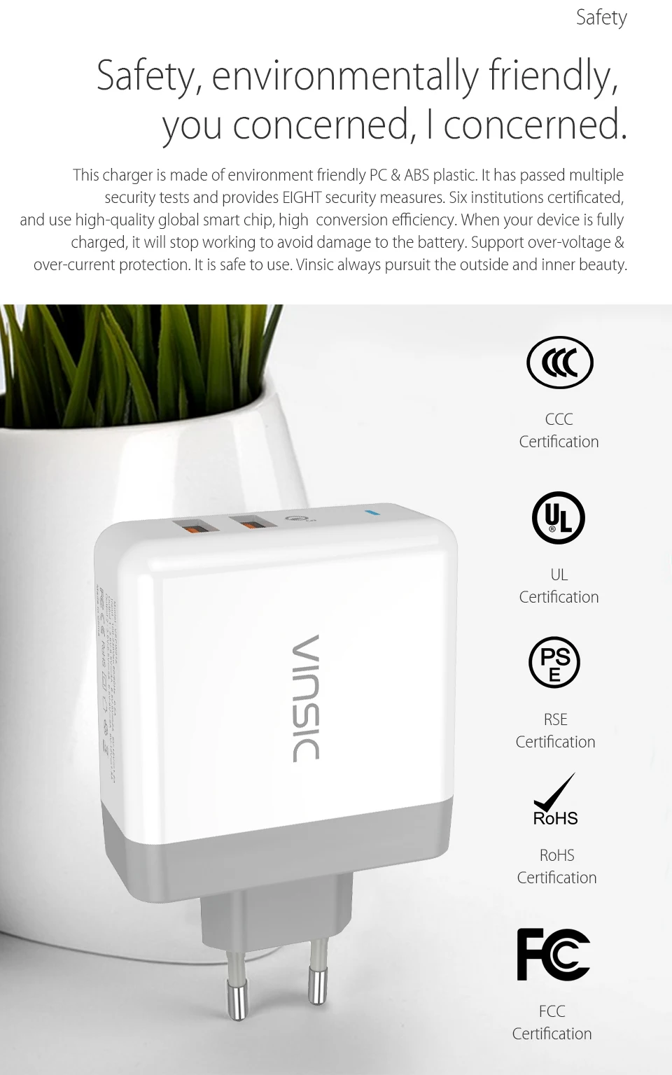 Vinsic 36W Quick Charge 3.0 QC3.0 Dual USB Wall Charger Travel Charger for iPhone/iPad Samsung Galaxy S7/S6/Edge Mi5 EU US Plug