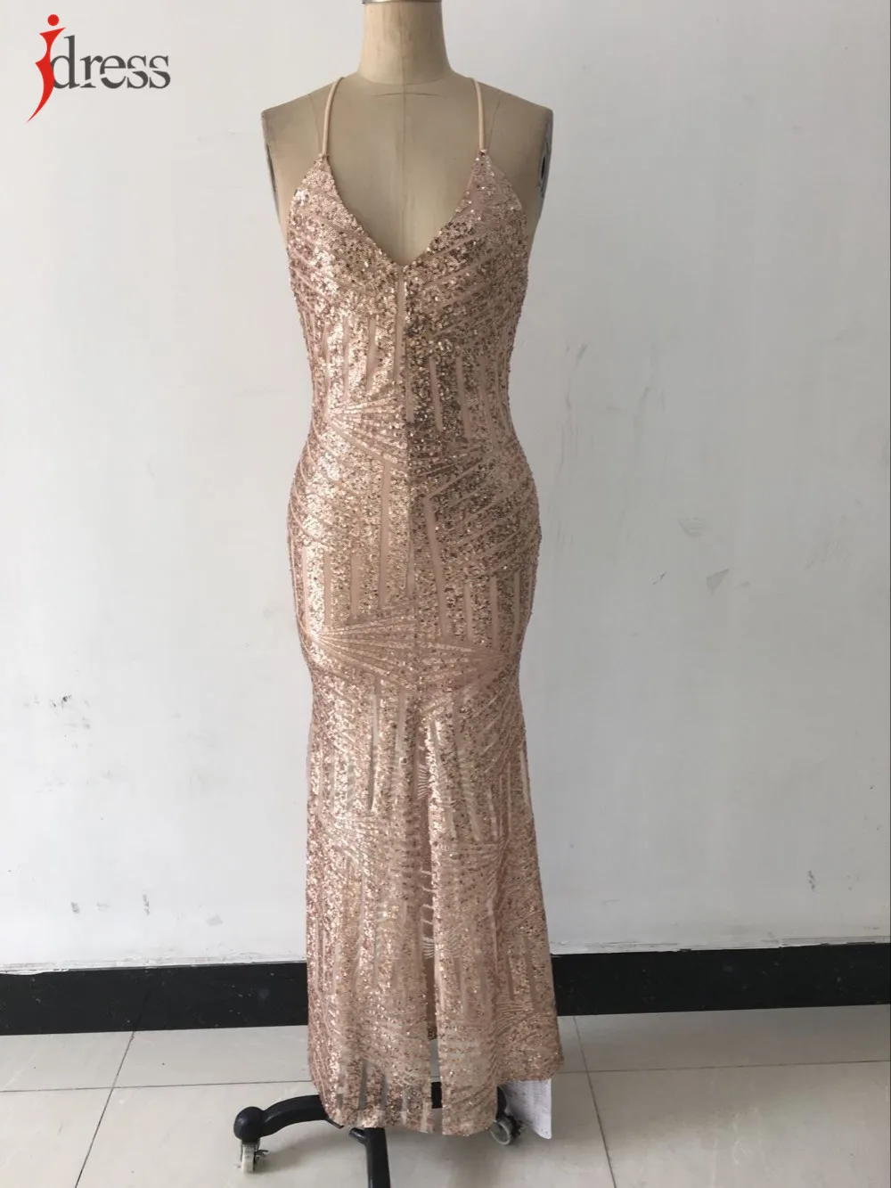 IDress Long Sequin Dress Backless Women Maxi Evening Party Dress Split Vestido De Noche Golden Party Night Club Lady Night Dress (2)