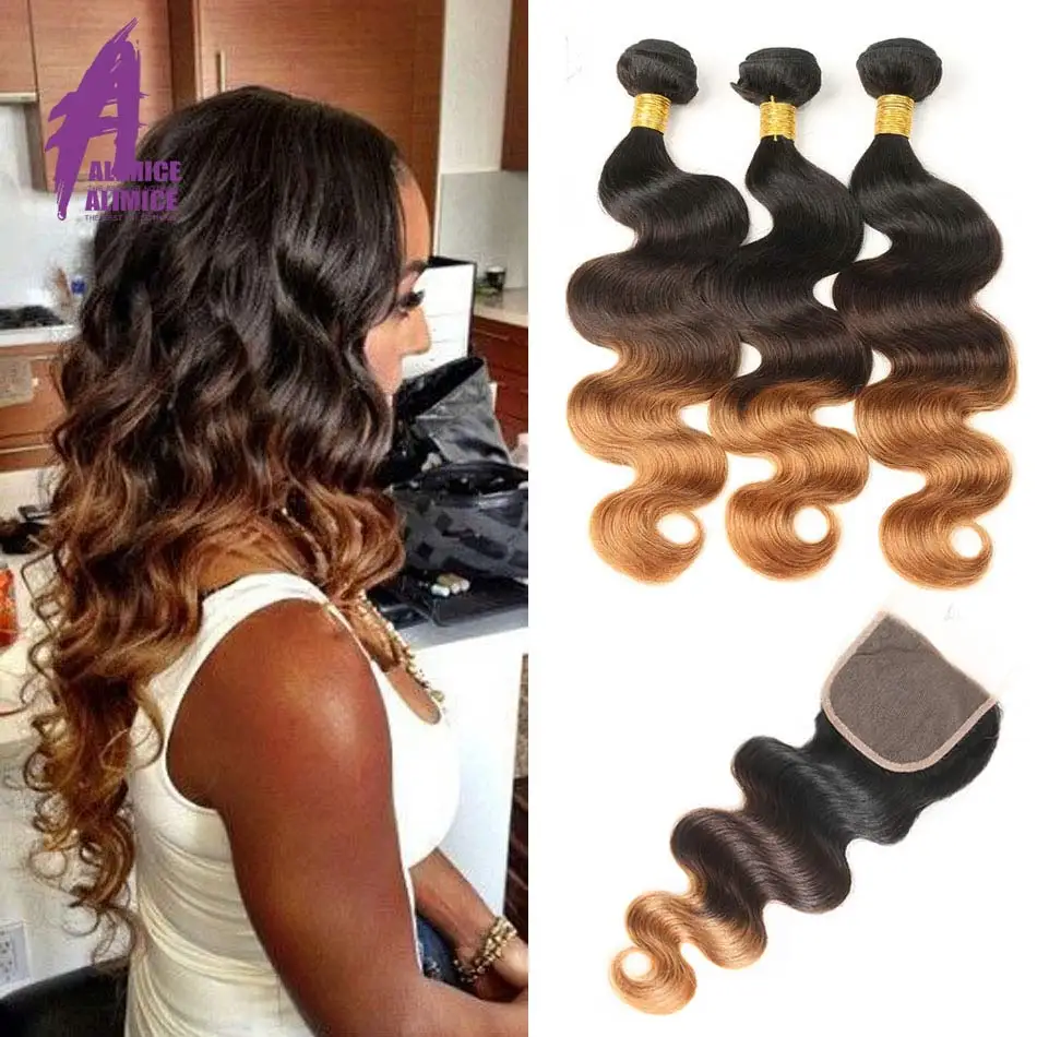 Alimice Ombre Bundles With Closure Peruvian Body Wave T1B/4/30 Color 100% Human Hair Weaves 3 Tone Non Remy Hair Extensions
