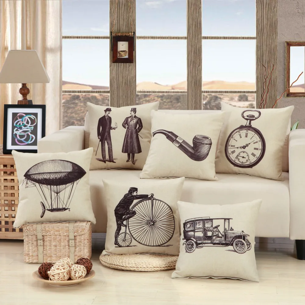 Best 45x45cm Vintage Retro Black Printed Decorative Sofa Cushion Cover Throw Pillowcase Cotton Linen Home Decoration