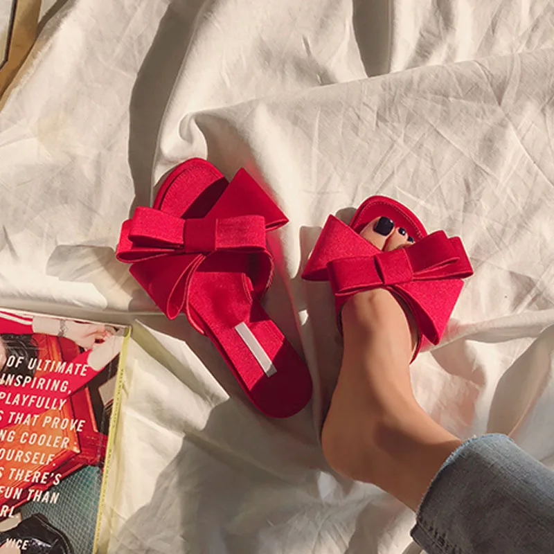 

Bellinsley Summer Women's Flats Shoes Silk Satin Bowtie Sandals Slippers Flat Heels Flip Flops Slippers Slides Woman Beach Shoes