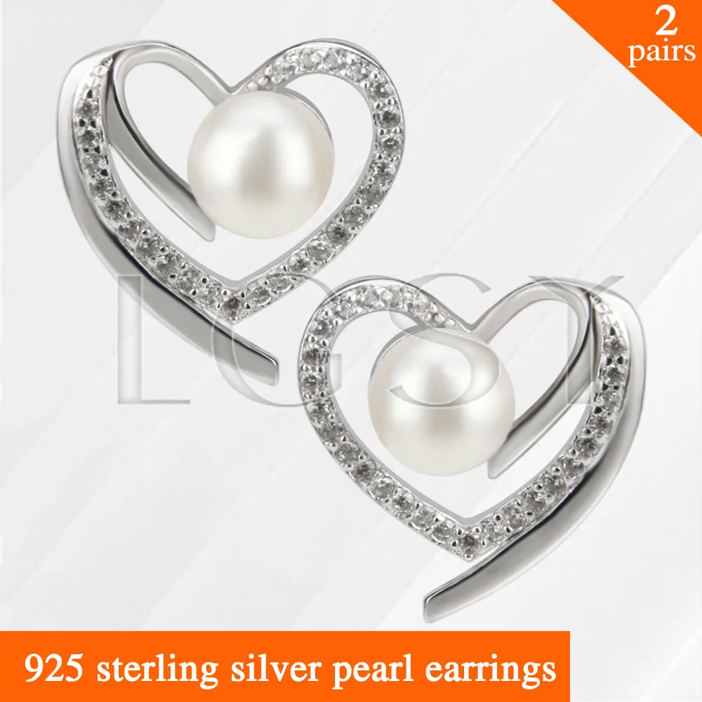 

LGSY 2pairs Latest beautiful Heart shape 925 sterling silver girl jewelry pearl earring