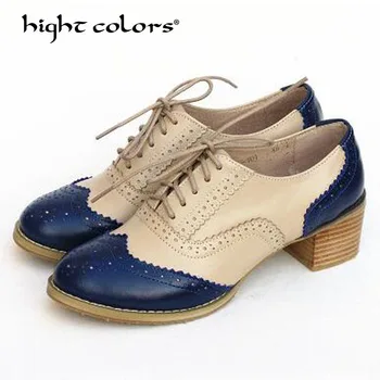 

Genuine Leather Oxford Shoes For Women Thick with high heels New 2019 Fashion Women Brogue Shoes Sapatos Femininos Zapatos Mujer