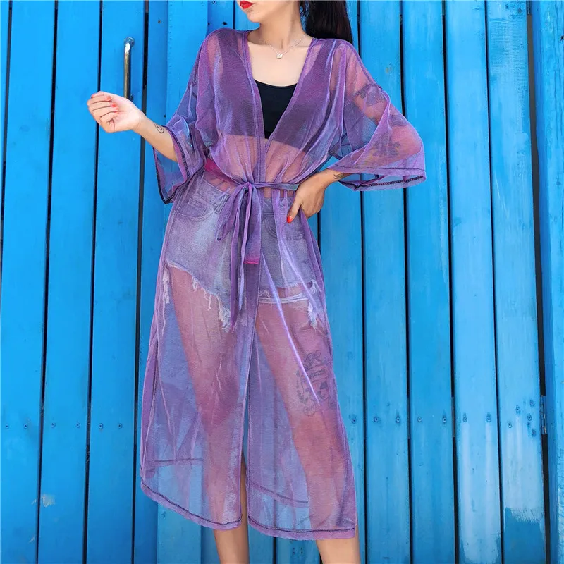 

Summer Thin Sunproof Cardigan Beach blouse Sunscreen See Through Jacket Coat Women Girl Holiday Vocation Hologram Long Shirt