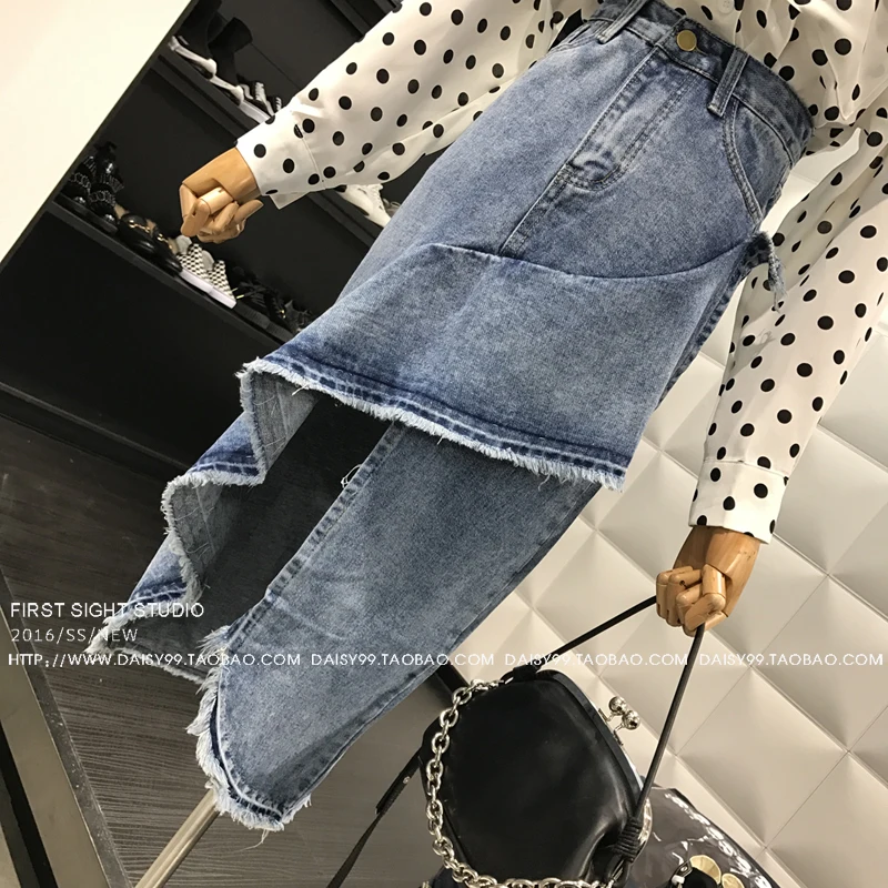 2018 Весна новое поступление Для женщин личности Высокая Талия Винтаж Однотонная одежда джинсовые оборками Асимметричный Длина
