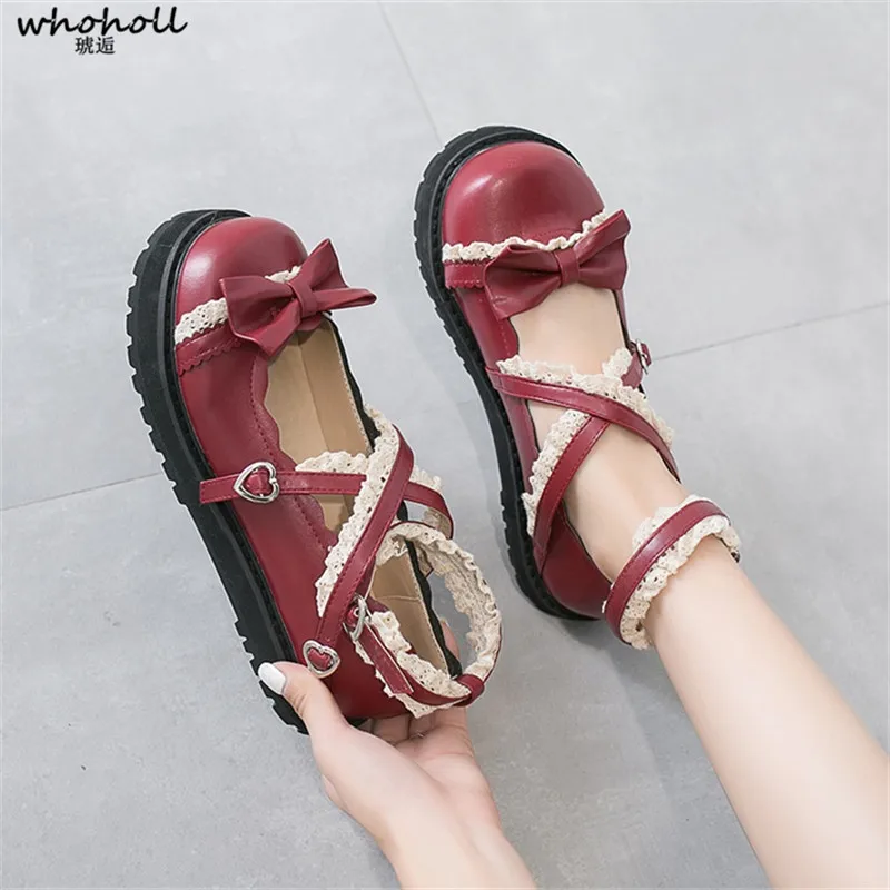 

WHOHOLL Women Shoes Japanese Lolita Bowtie Women Flat Fashion Buckle Straps Cosplay Maid Shoes Kawaii Princess Lolita Shoes