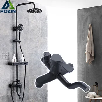 

Matte black Shower Faucet Bathroom Shower Mixer Tap with Shelf 8" Rainfall Shower Mixer System with Sliding Bar Swivel Tub Spout