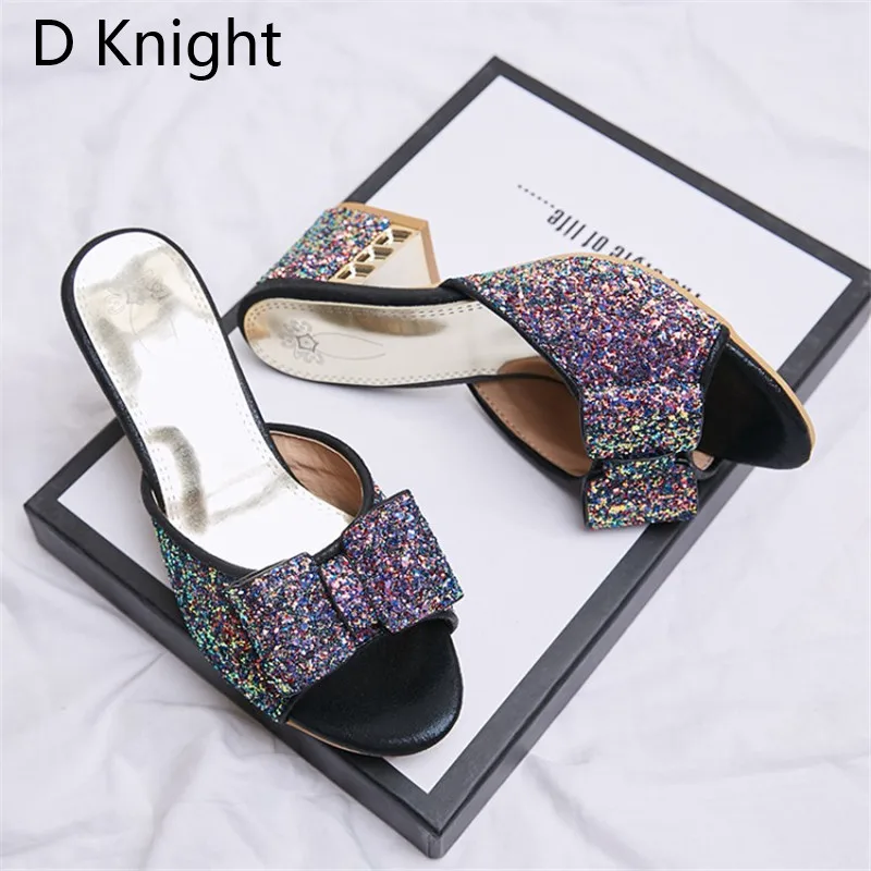 2018 Female Slippers Sepuined Cloth Sandals Summer Shoes Women Mules Lady Flip Flops Black High Heeled Slides Shoes Plus Size 43 (9)