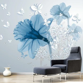 

Modern Abstract Art Mural Wallpaper 3D Stereo Blue Flowers Butterfly Photo Wall Painting Living Room Creative Home Decor Fresco