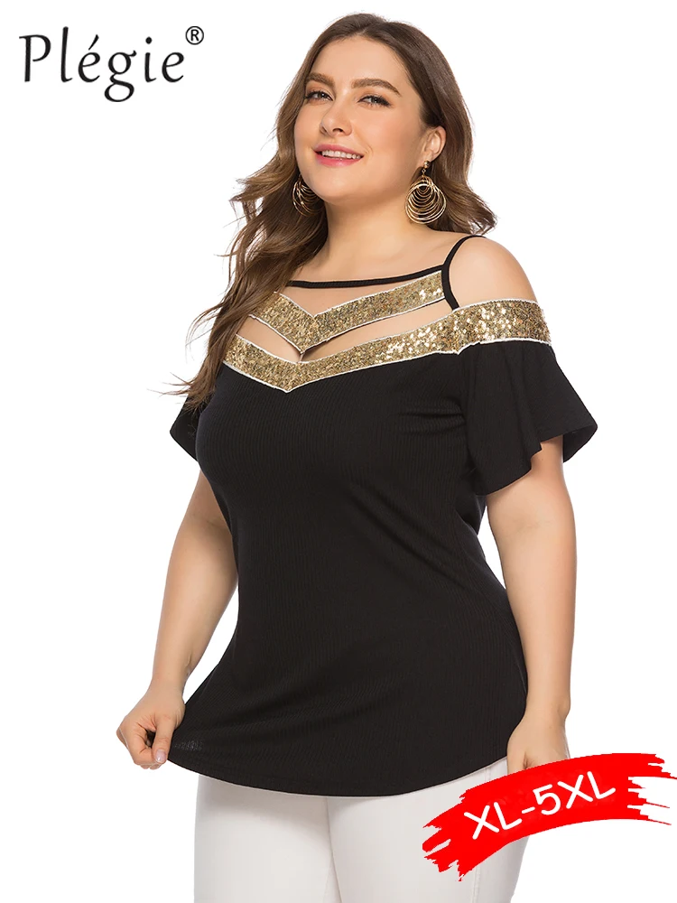 

Plegie Plus Size Sequin Shirt Women 2019 Summer Harajuku Loose T Shirt Ladies Tops XL-5XL Short Sleeve Sequined T-Shirt Black
