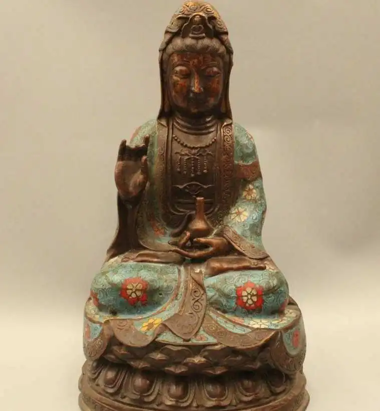 

12" Chinese Buddhism Cloisonne Bronze Seat Kwan-yin Guan Yin Vase Statue