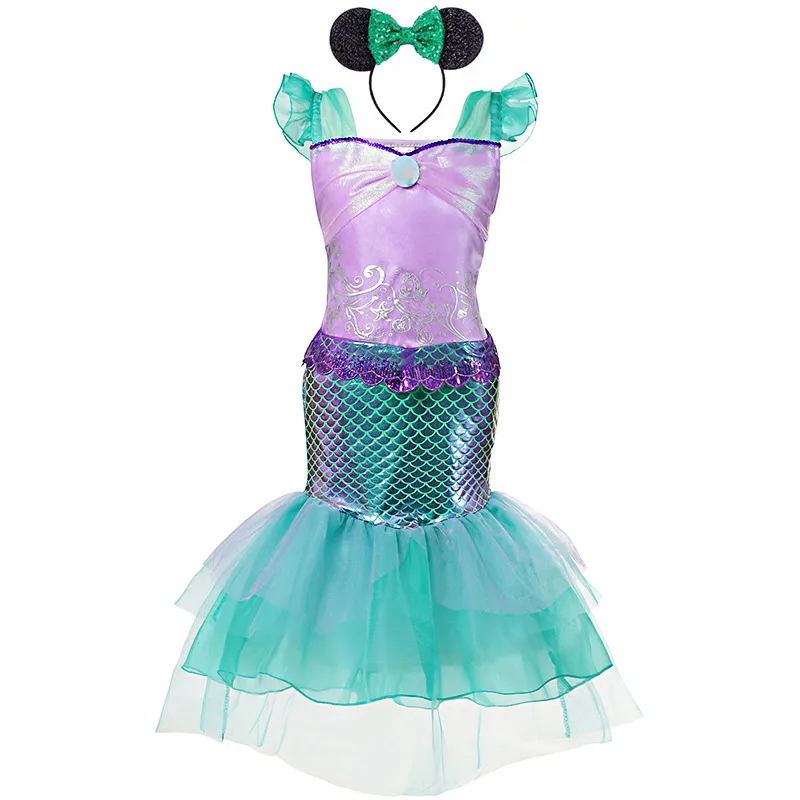 Dress and Headband Comic Con/Костюм Русалки для косплея для девочек; летняя праздничная одежда для макияжа; детский наряд принцессы Ариэль на Хэллоуин - Цвет: Dress and Headband