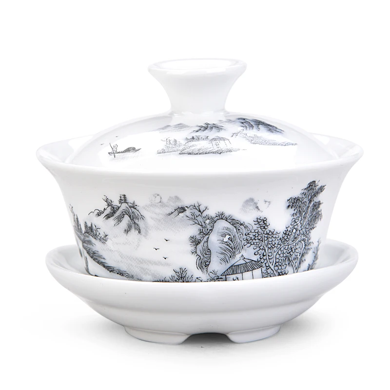 Китай Ручная роспись Gaiwan, Dehua высокое качество белый фарфор чайный набор для путешествий красивый и легкий чайник - Цвет: Армейский зеленый