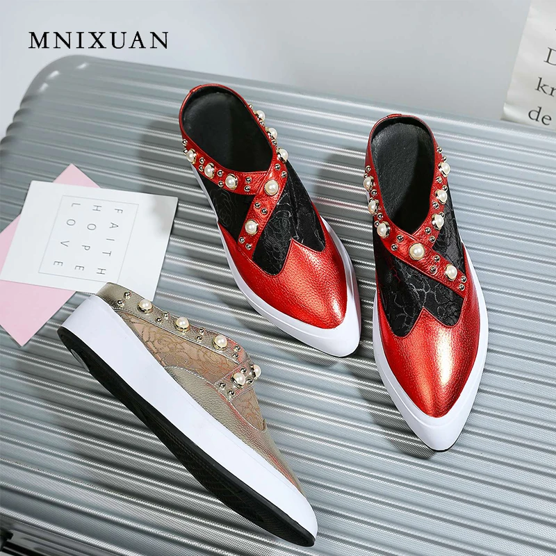 

MNIXUAN Fashion women shoes mules flats platform slipper sandals 2019 new genuine leather pointed toe mesh pearl casual shoes