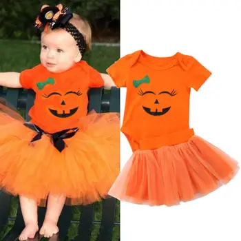 

Halloween Newborn Girl New Design Outfit Smiling Face Print Short Sleeve Romper Top Orange Tutu Tulle Mini Skirt Autumn Clothes