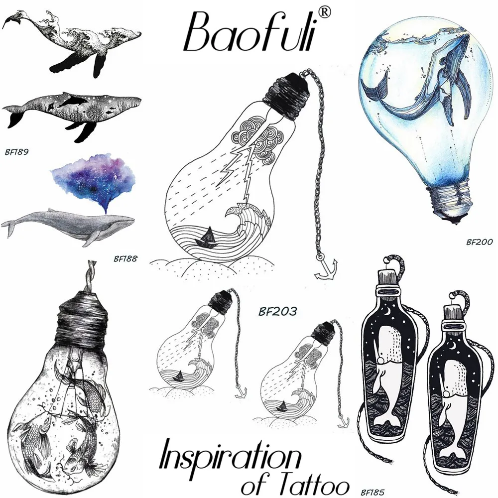 

Baofuli Bulb Ocean Waterproof Tattoo Whale Anchor Boat Temporary Tattoo Sticker Black Fake Tatoos Lightning Rain Women Men Body