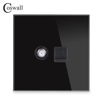 

COSWALL Crystal Tempered Glass Panel Wall Satellite Socket With Computer Internet RJ45 CAT5E Data Outlet Black R11 Series