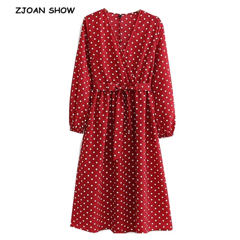 

2019 New French Cross V neck Polka Dot Print Dress Red Retro Woman Bow Tide Sashes Long sleeve Mid-calf Slim Fit Spring Dresses